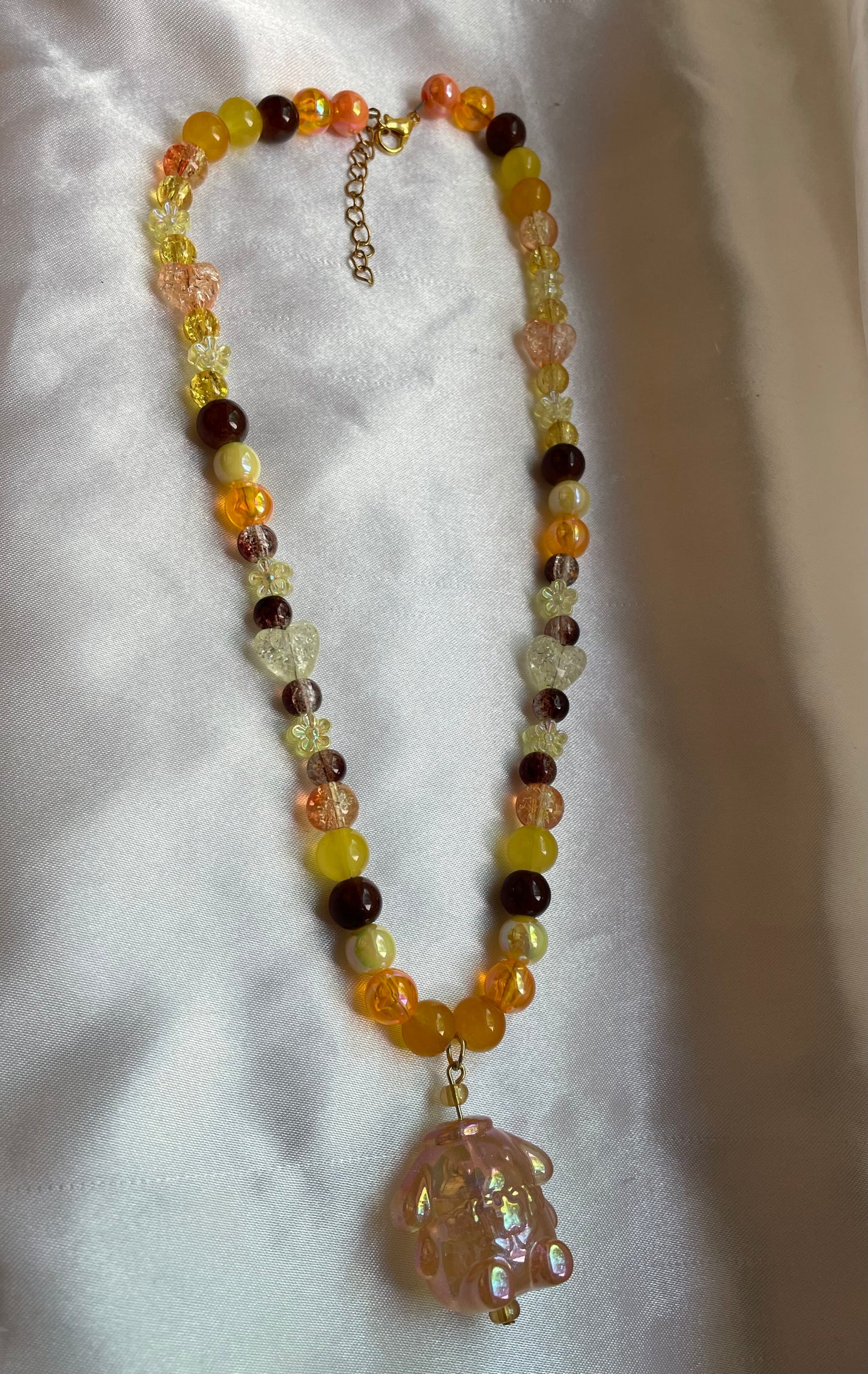 Orange Pom Pom Purin Beaded Necklace