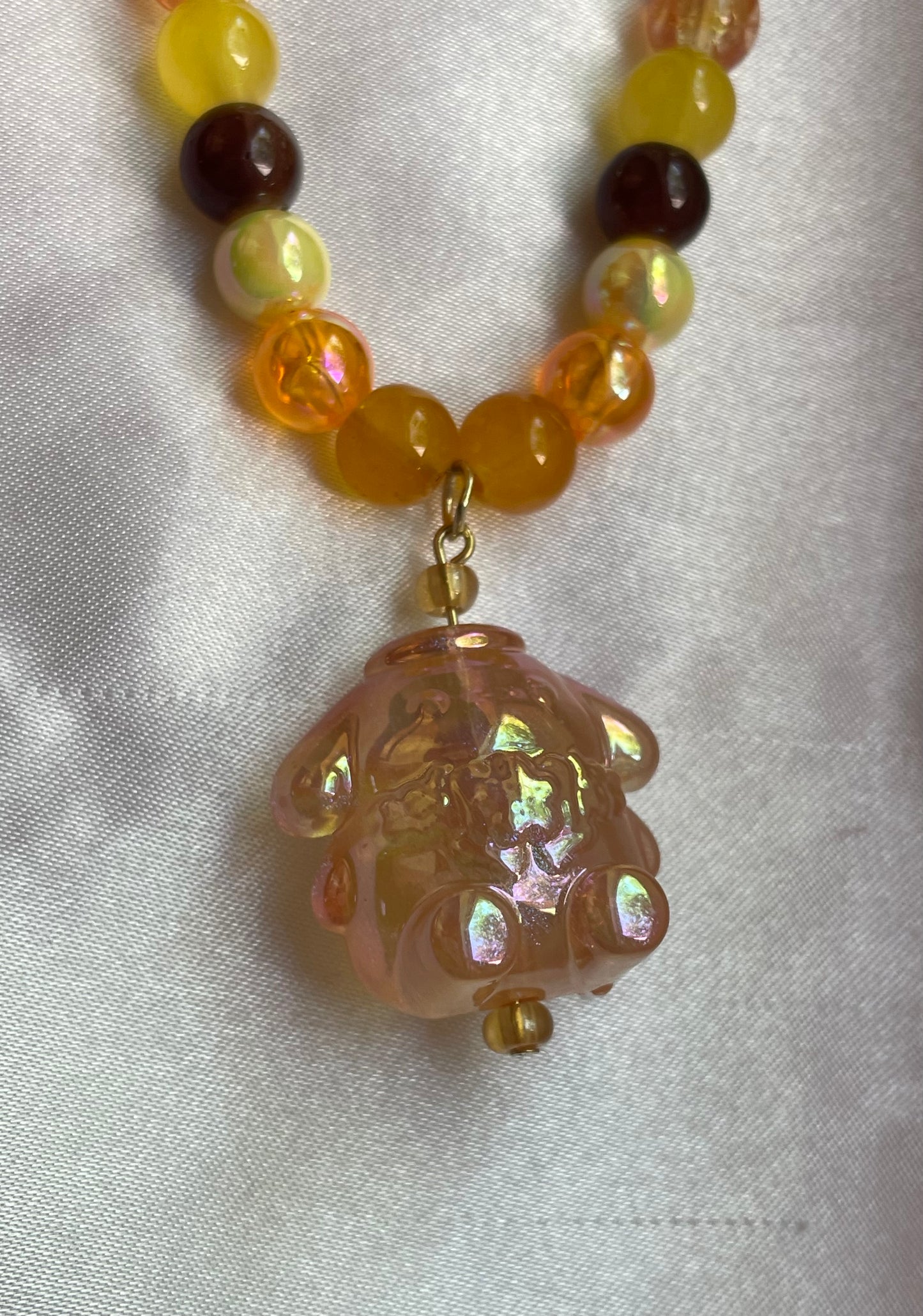 Orange Pom Pom Purin Beaded Necklace