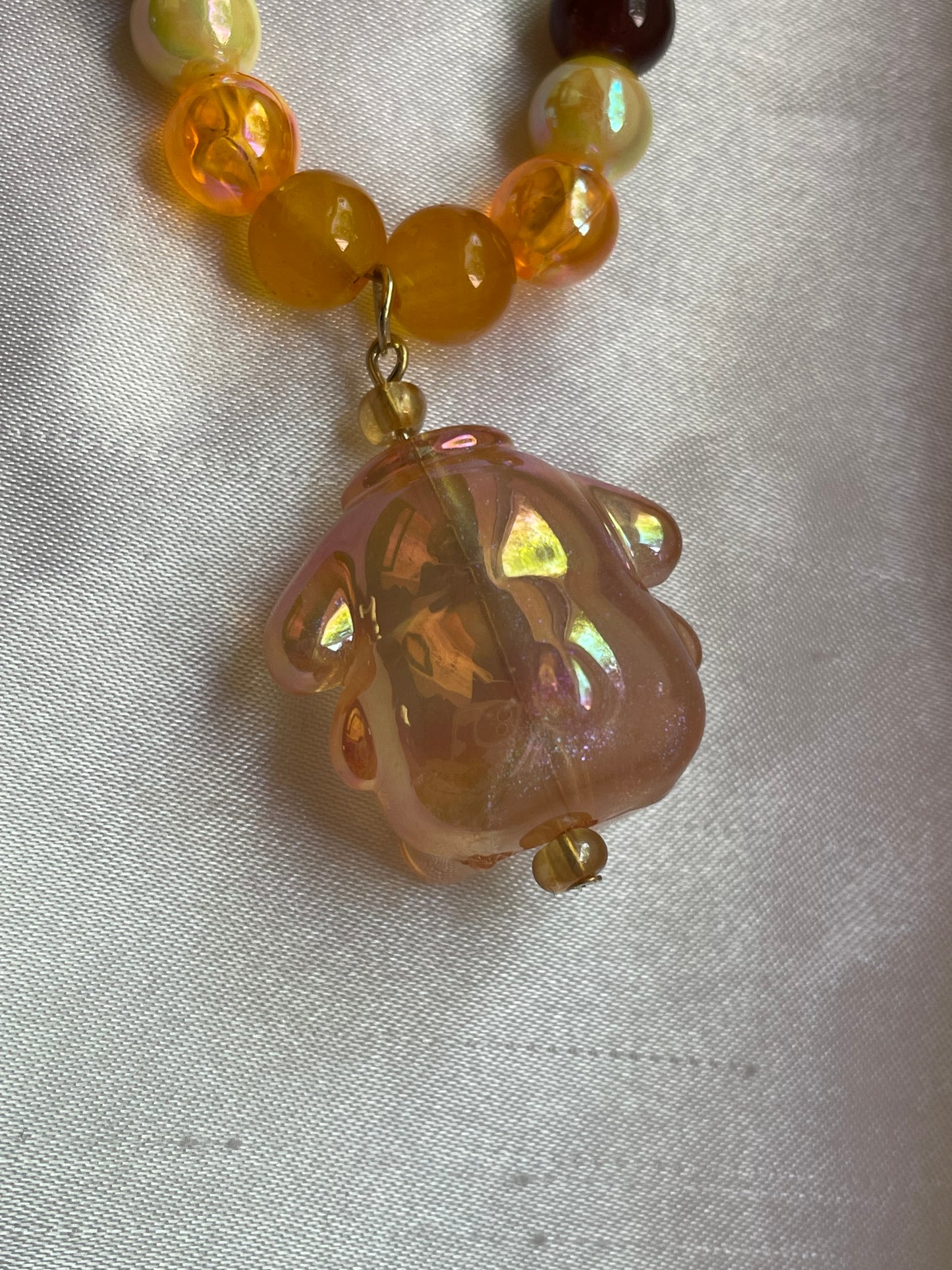 Orange Pom Pom Purin Beaded Necklace