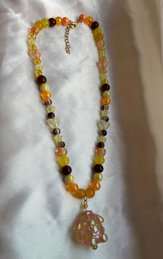 Orange Pom Pom Purin Beaded Necklace